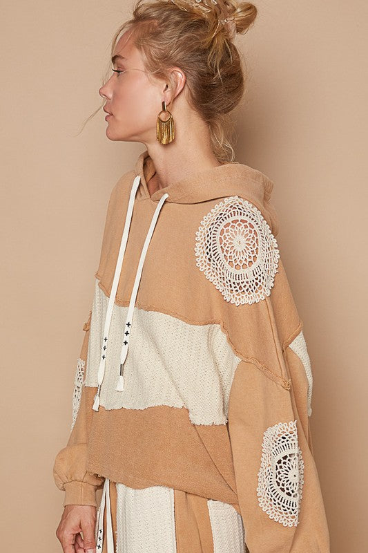 POL Openwork Contrast Dropped Shoulder Hoodie in Wheat