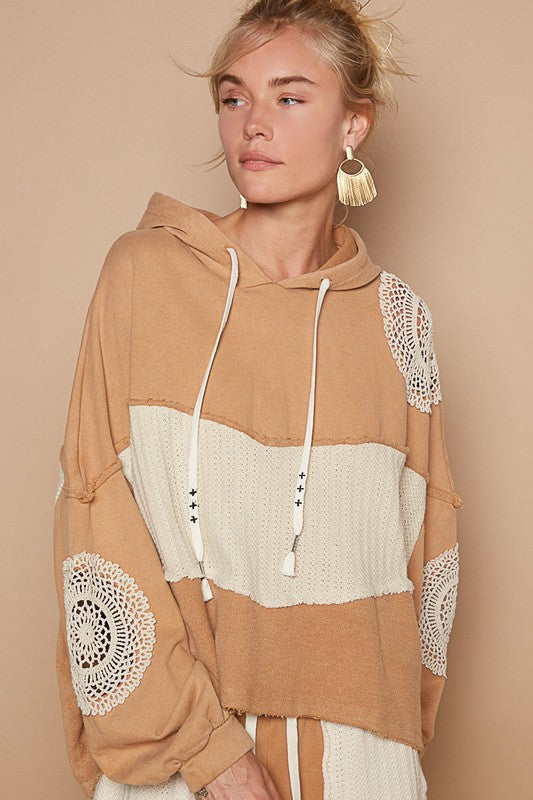 POL Openwork Contrast Dropped Shoulder Hoodie in Wheat