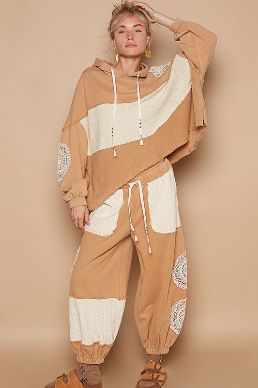 POL Openwork Contrast Dropped Shoulder Hoodie in Wheat