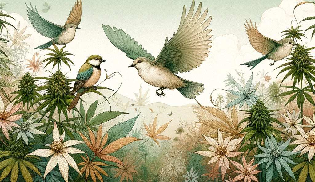 whimsy birds and hemp flowers