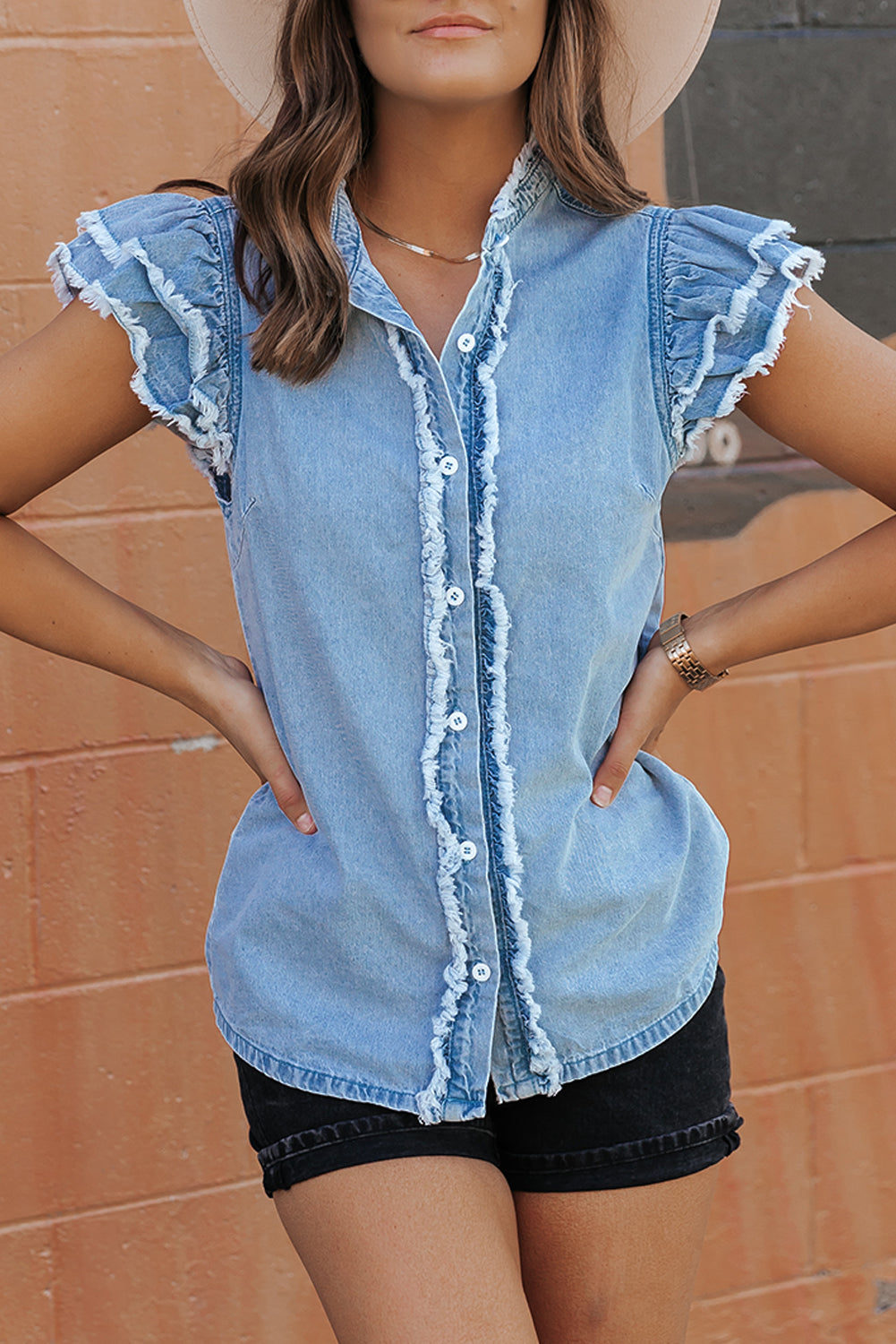 Button Up Cap Sleeve Mid Blue Denim Top