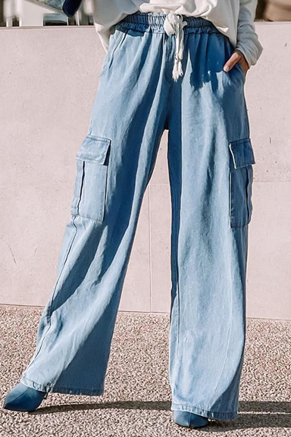 Drawstring Wide Leg Denim Lyocell Pants