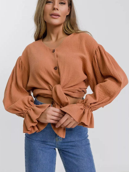 Cotton Button Up Flounce Sleeve Shirt