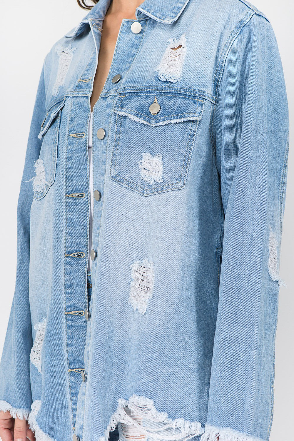 Distressed Frayed Hem Denim Jacket in Light Blue