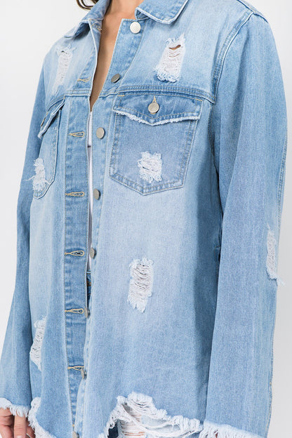 Distressed Frayed Hem Denim Jacket in Light Blue