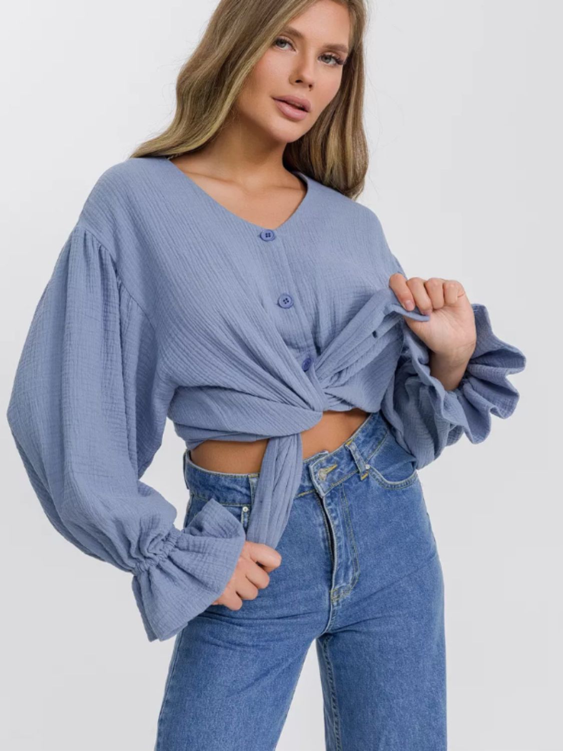 Cotton Button Up Flounce Sleeve Shirt