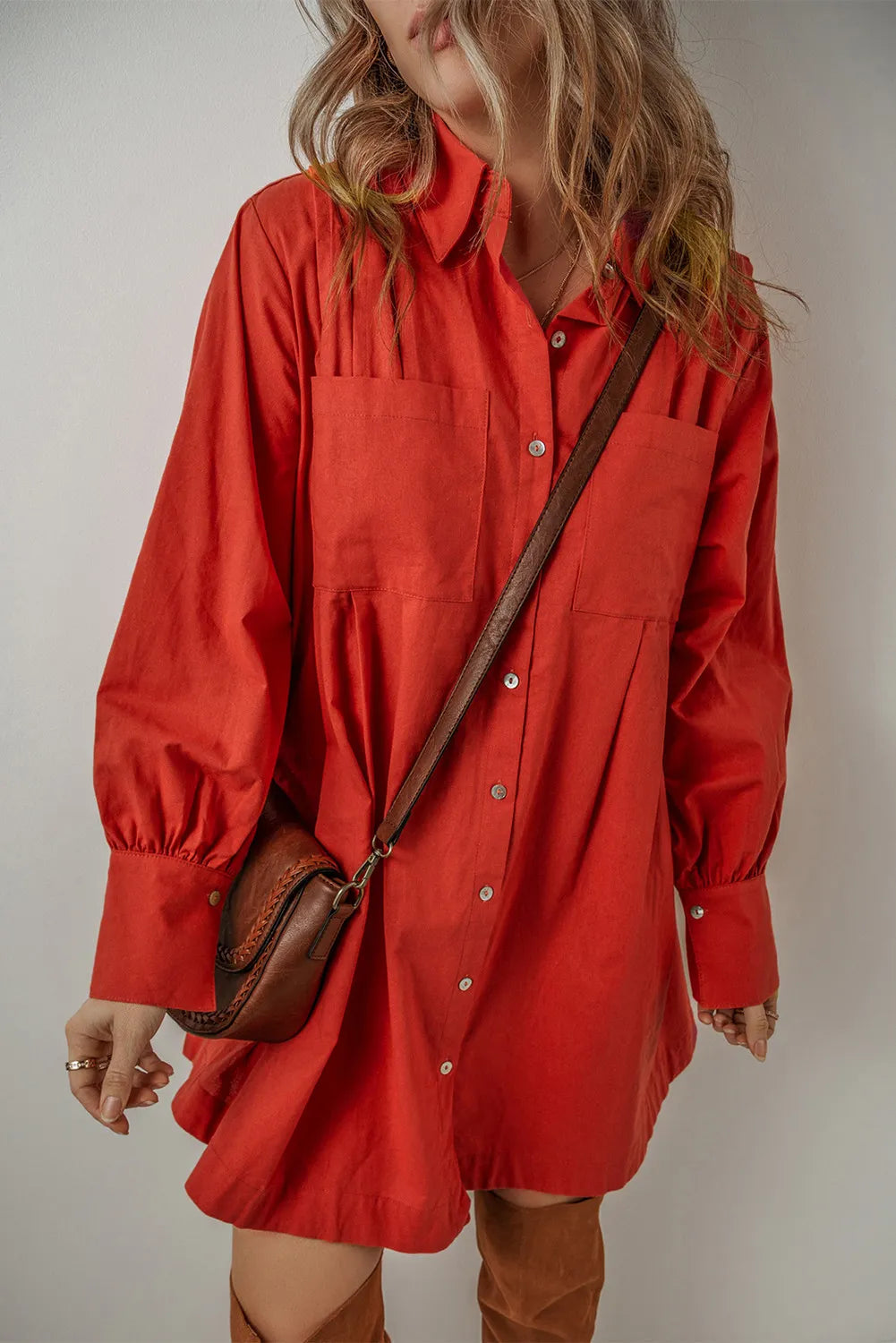 Pocketed Cotton Linen Blend Button Down Long Sleeve Shirt Dress