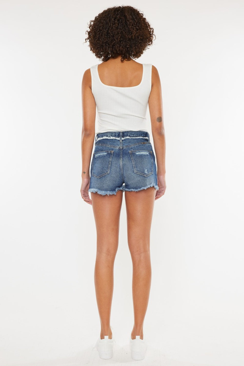 Dark Blue Distressed Button Fly Denim Shorts