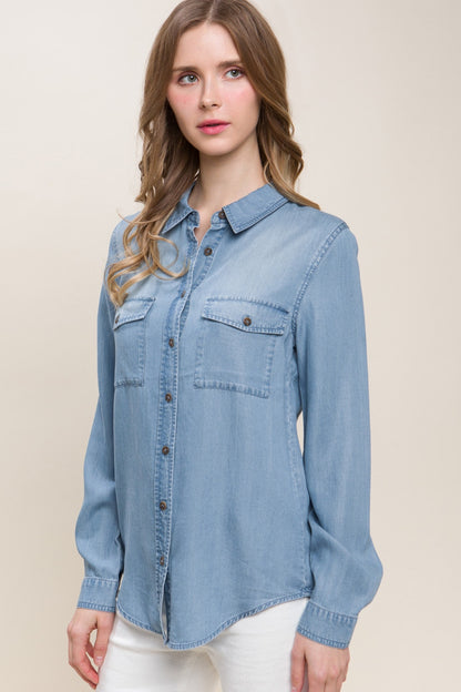 Scooped Hem Button Up Denim Shirt