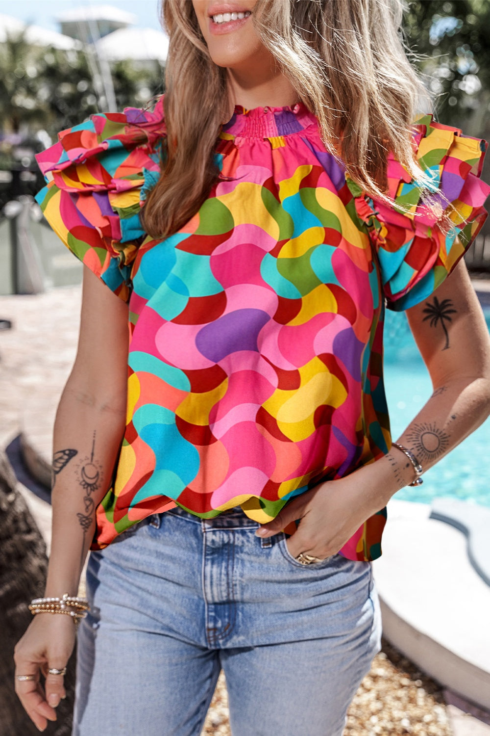 Ruffled Wavy Color Printed Mock Neck Cap Sleeve Blouse