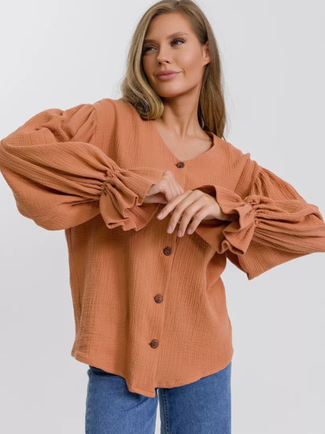 Cotton Button Up Flounce Sleeve Shirt