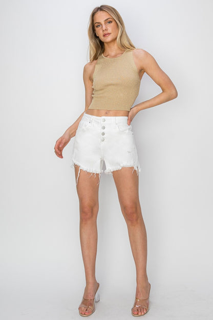 Button Fly Frayed Hem Denim White Booty Shorts