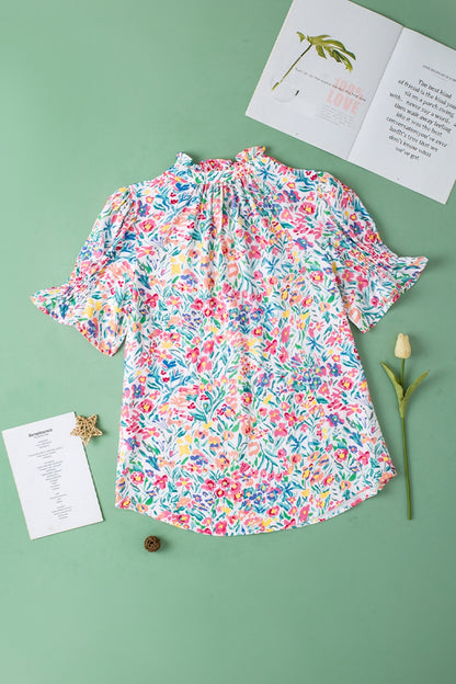 Floral Printed Notched Short Sleeve Blouse