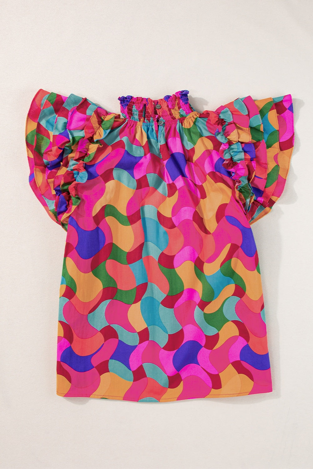 Ruffled Wavy Color Printed Mock Neck Cap Sleeve Blouse