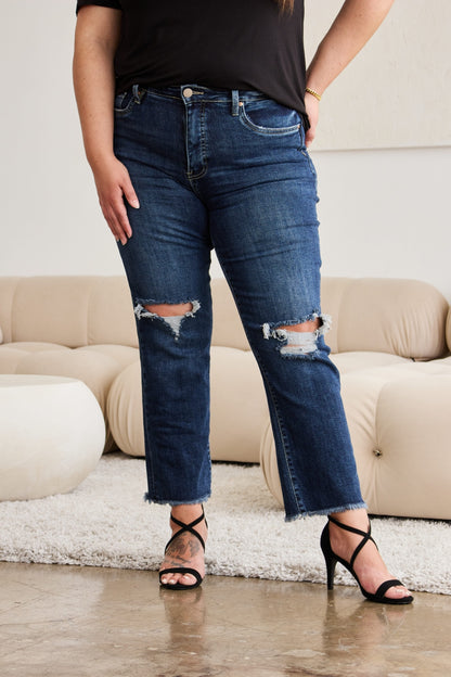 Crop Dylan Full Size Tummy Control Distressed High Waist Raw Hem Jeans