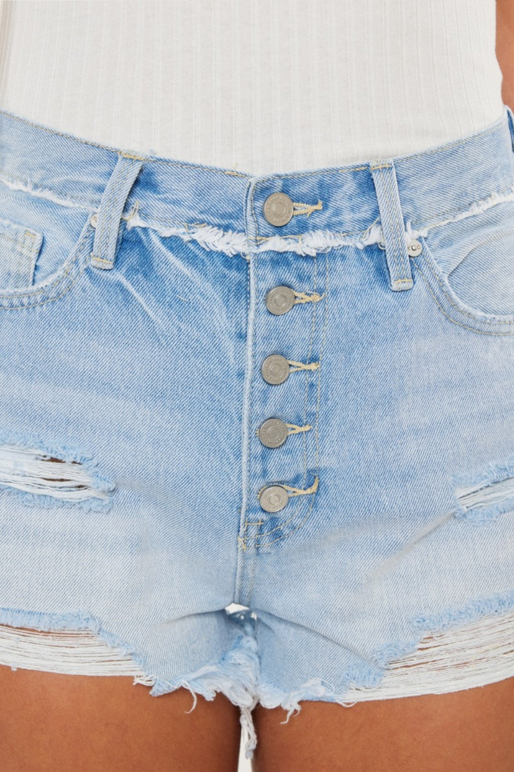 Light to Mid Blue Distressed Button Fly Denim Shorts