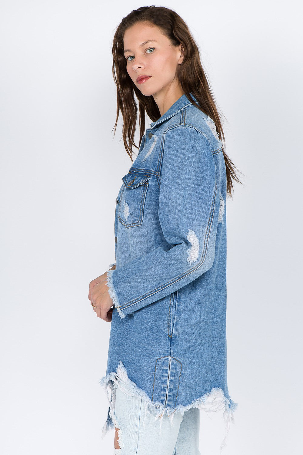 Medium Blue Distressed Frayed Hem Denim Jacket