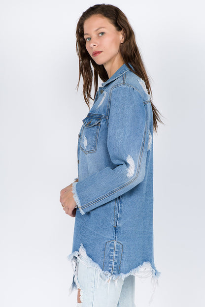 Medium Blue Distressed Frayed Hem Denim Jacket