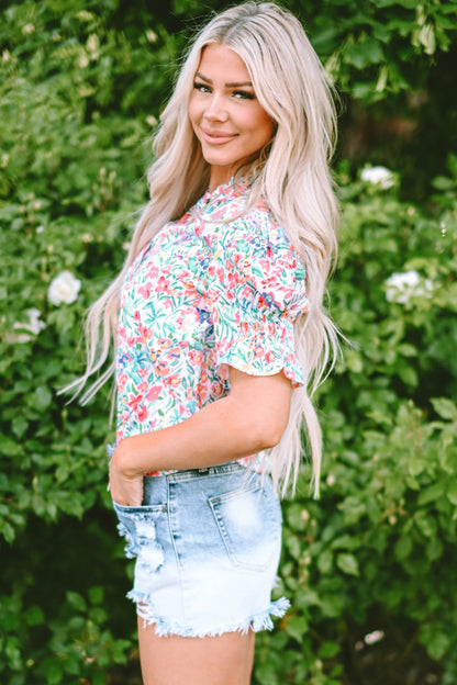 Floral Printed Notched Short Sleeve Blouse