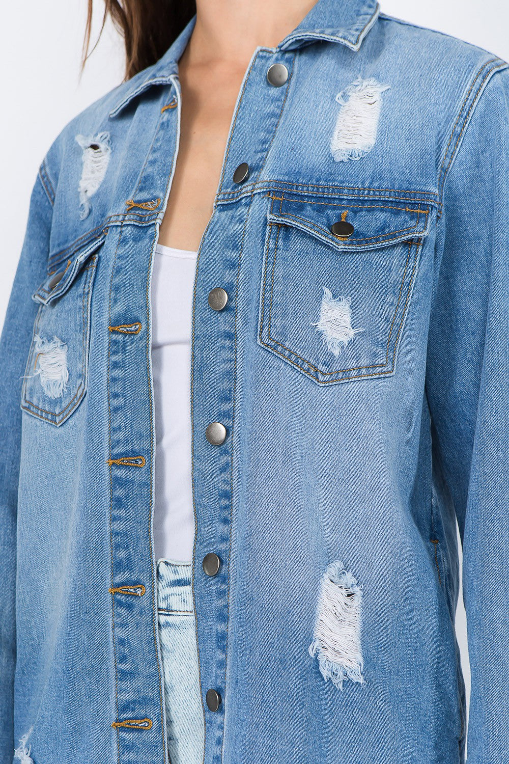 Medium Blue Distressed Frayed Hem Denim Jacket