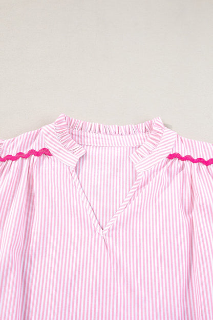 Striped Notched Short Sleeve Blouse