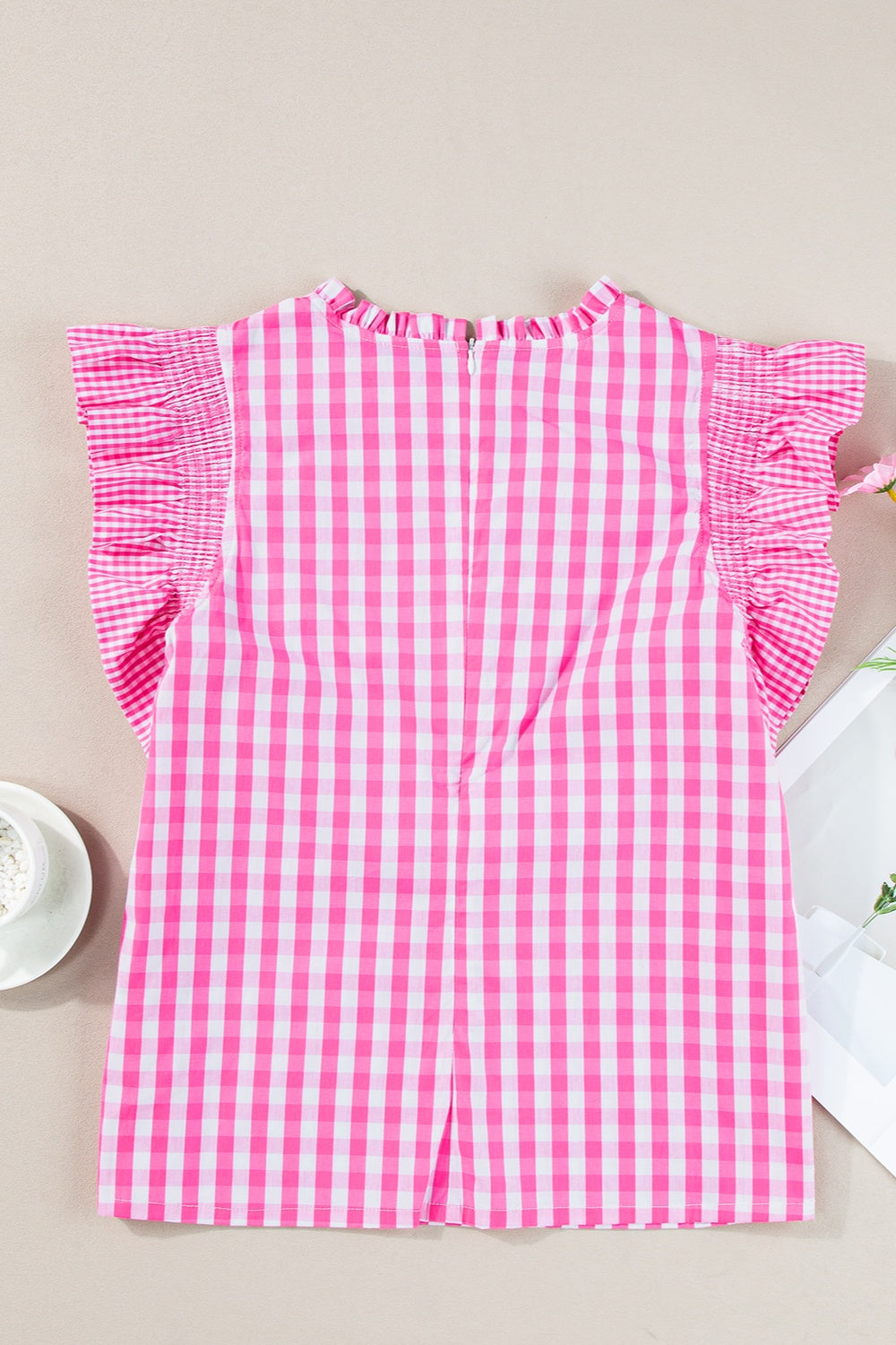 Ruffled Plaid Mock Neck Cap Sleeve Blouse