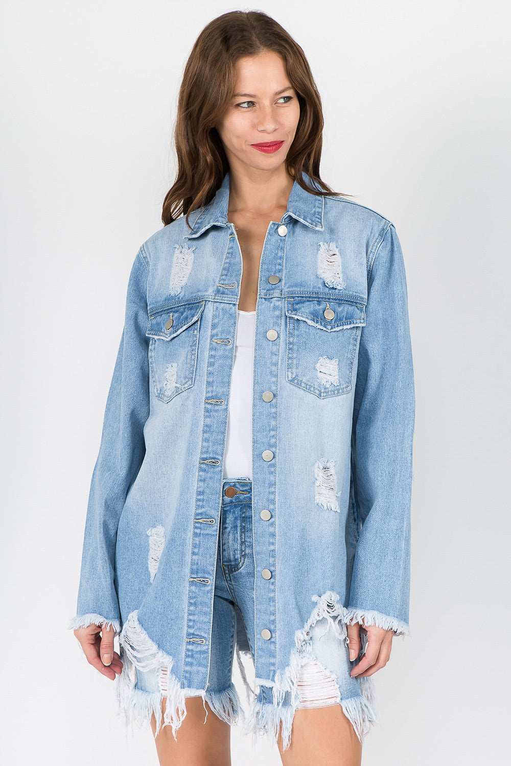 Distressed Frayed Hem Denim Jacket in Light Blue