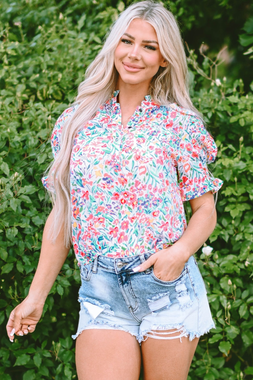 Floral Printed Notched Short Sleeve Blouse