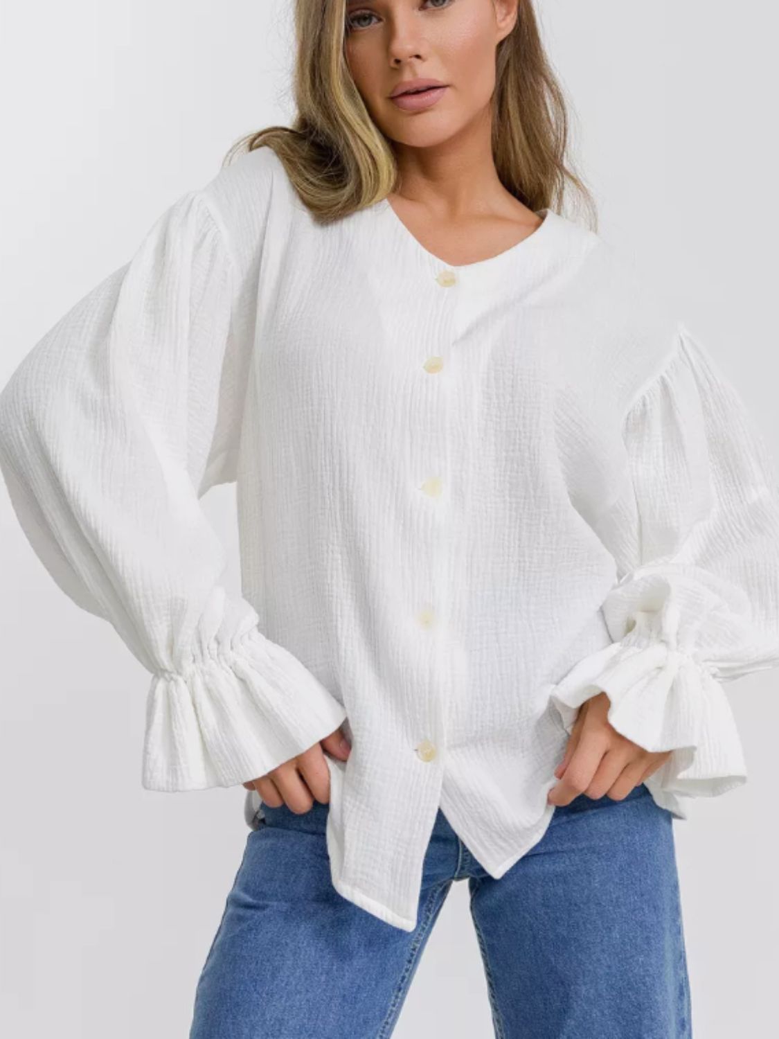 Cotton Button Up Flounce Sleeve Shirt