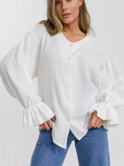 Cotton Button Up Flounce Sleeve Shirt