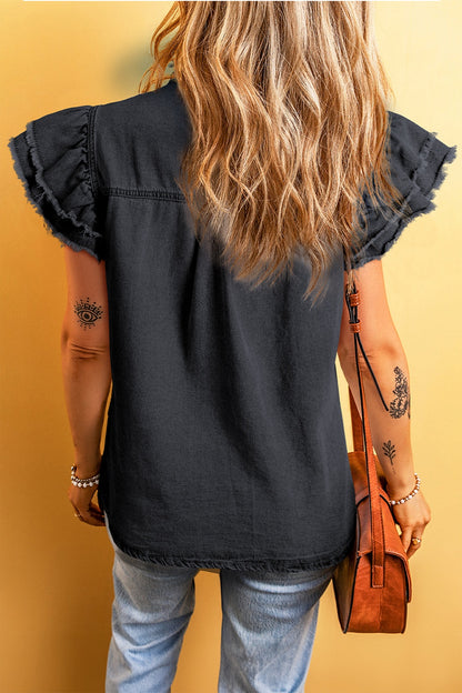 Button Up Cap Sleeve Mid Blue Denim Top