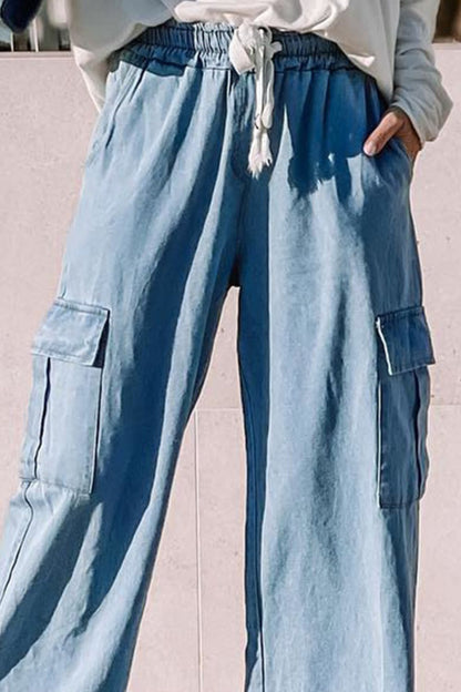 Drawstring Wide Leg Denim Lyocell Pants