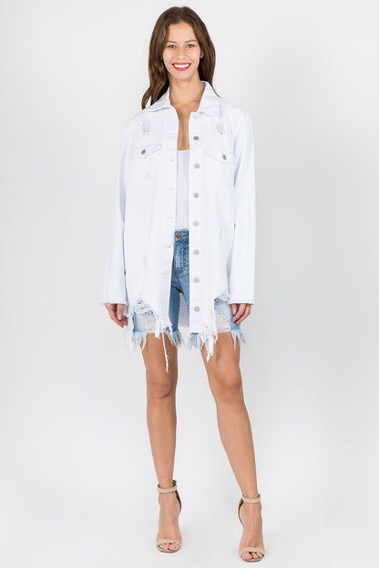 Distressed Frayed Hem Denim Jacket in White