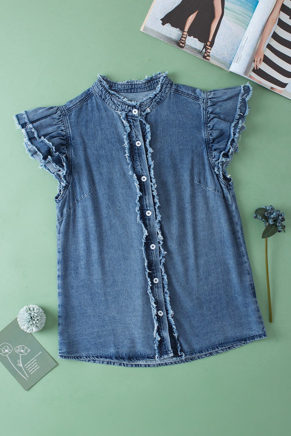 Button Up Cap Sleeve Mid Blue Denim Top