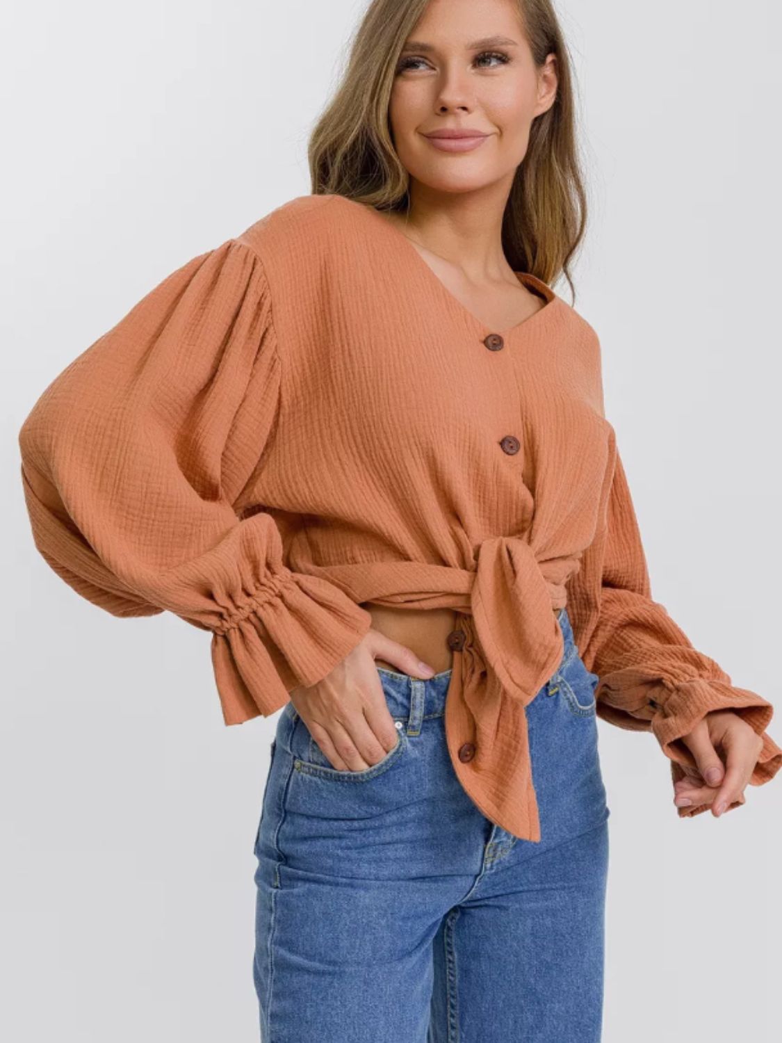 Cotton Button Up Flounce Sleeve Shirt