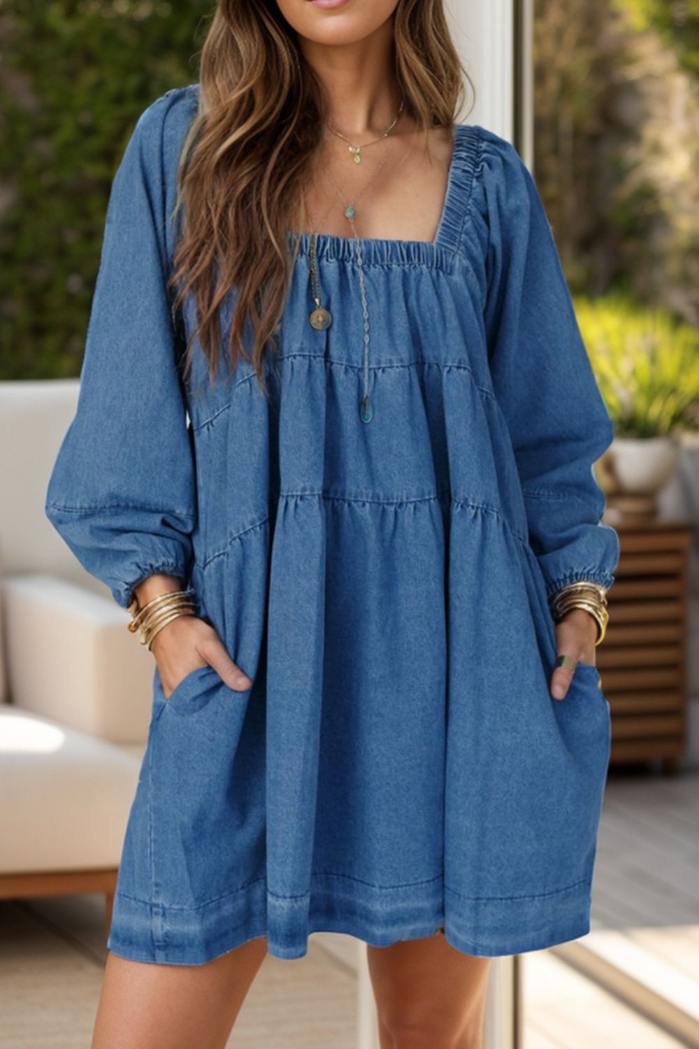 Tied Square Neck Long Sleeve Denim Dress with Pockets Baby Gurl