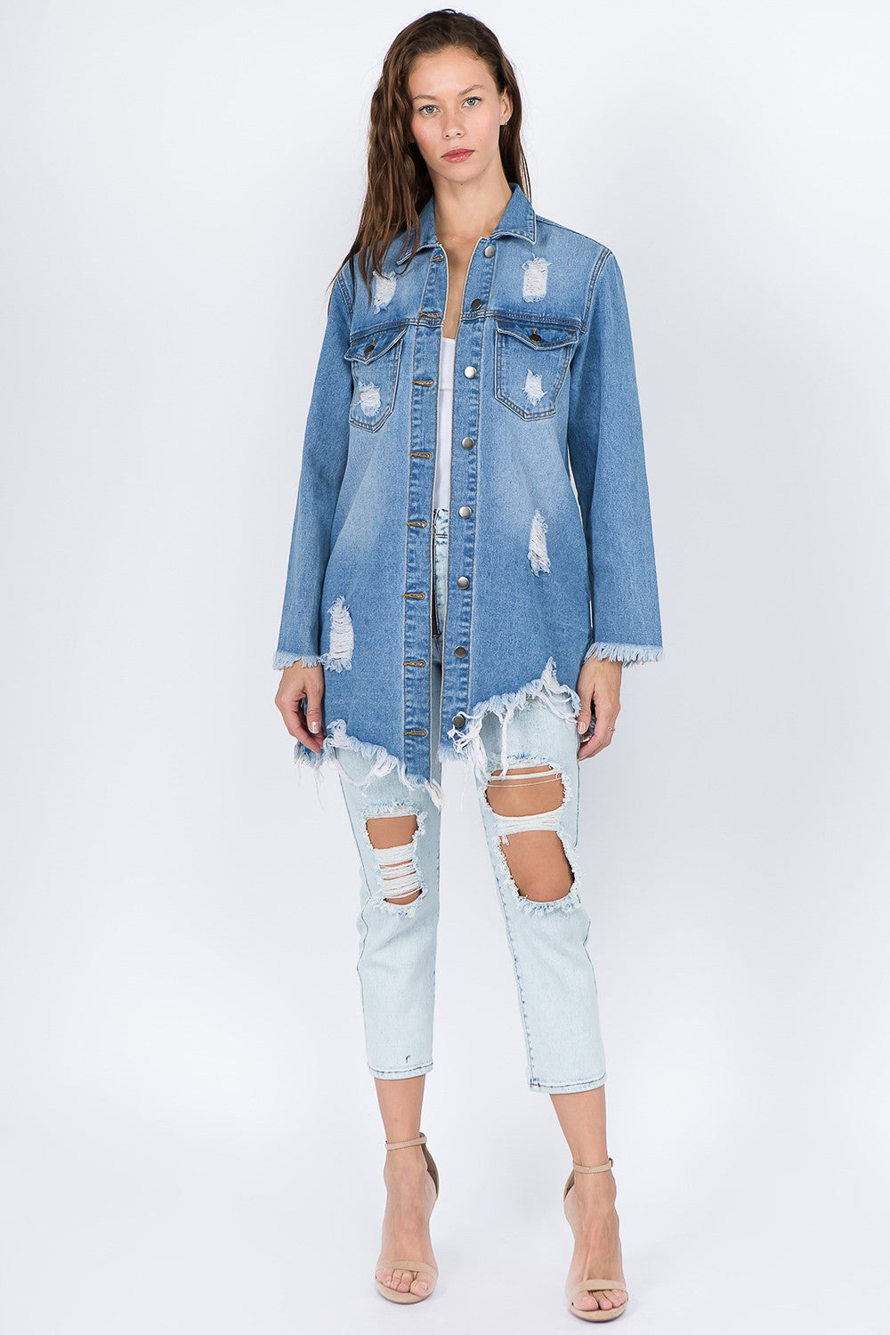 Medium Blue Distressed Frayed Hem Denim Jacket