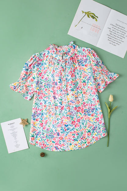 Floral Printed Notched Short Sleeve Blouse