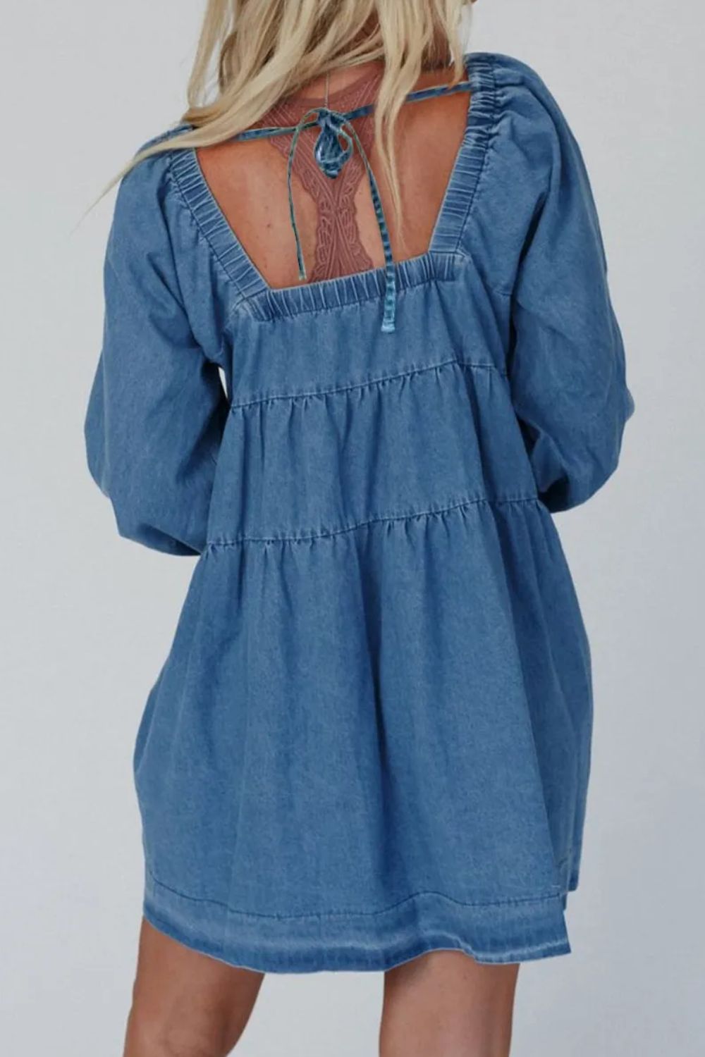 Tied Square Neck Long Sleeve Denim Dress with Pockets Baby Gurl