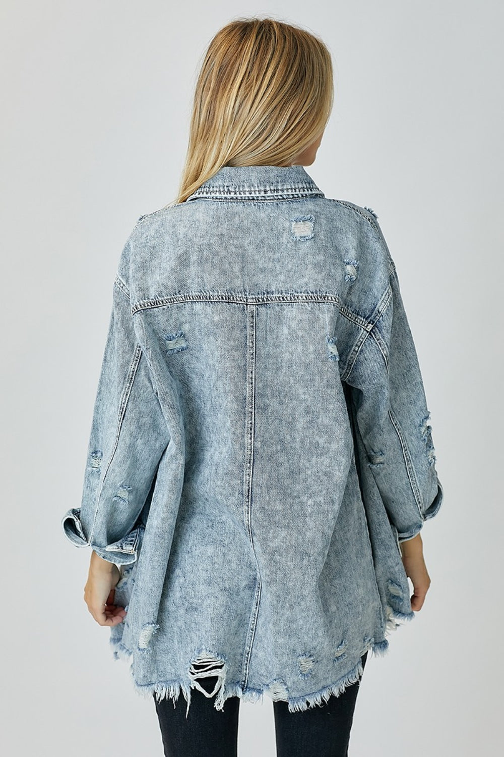 Acid Washed Distressed Raw Hem Denim Shirt