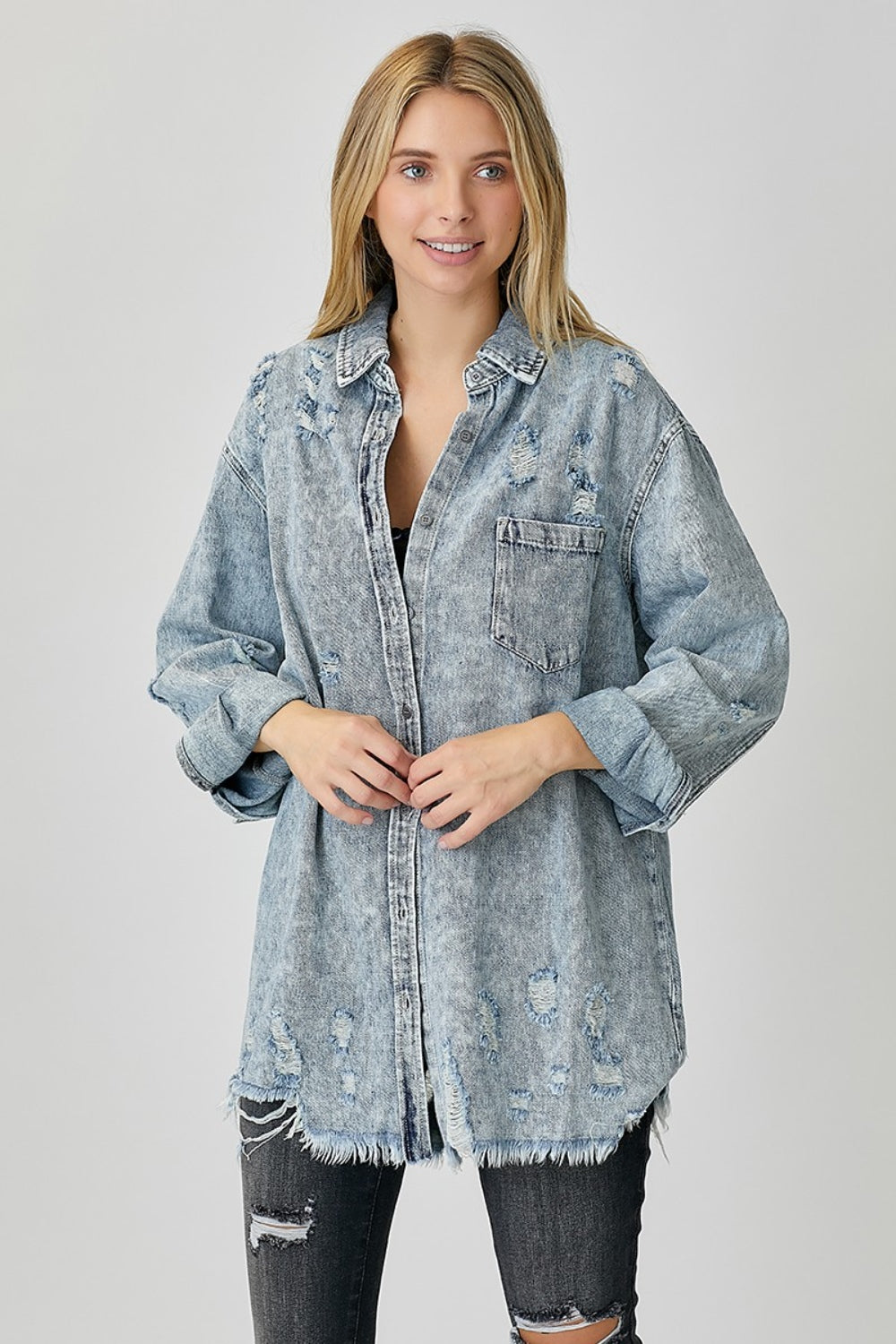 Acid Washed Distressed Raw Hem Denim Shirt