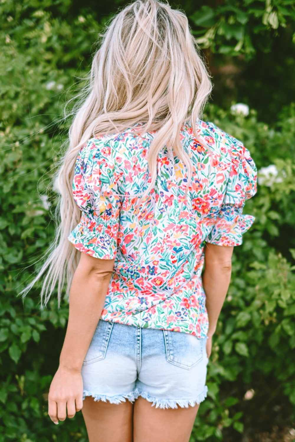 Floral Printed Notched Short Sleeve Blouse