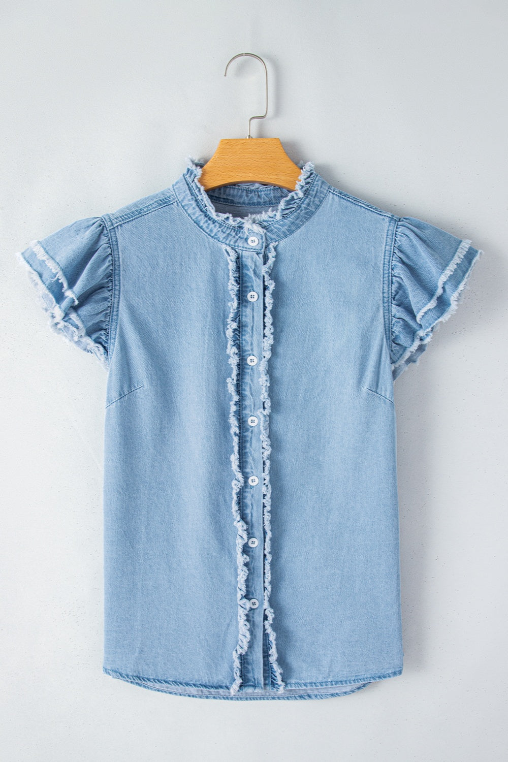 Button Up Cap Sleeve Mid Blue Denim Top