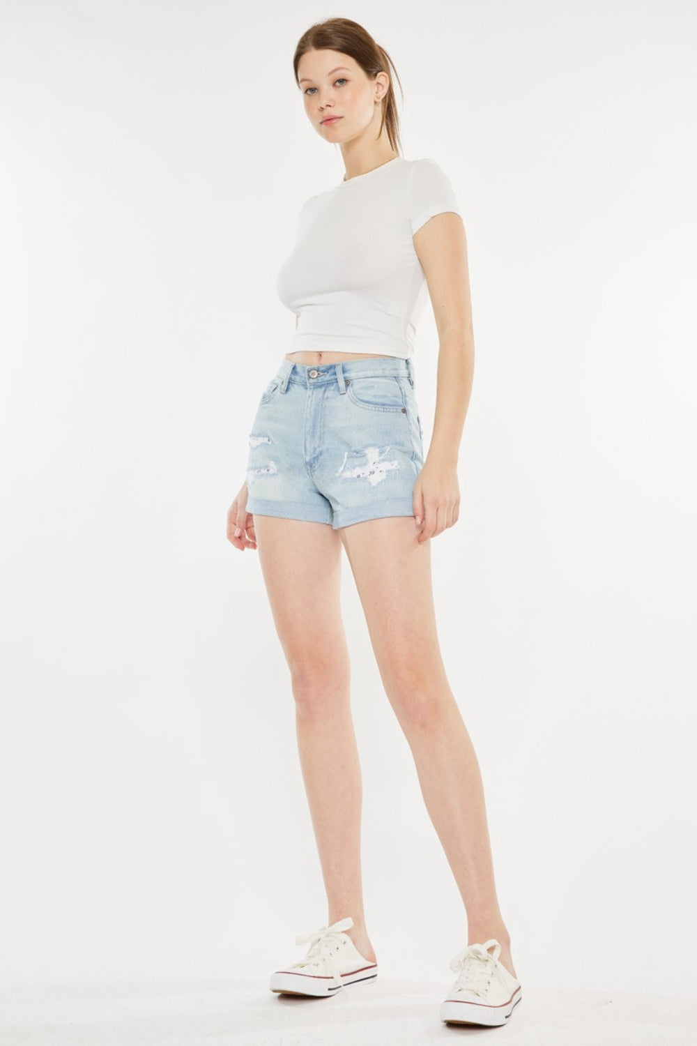 High Rise Repaired Denim Mom Shorts