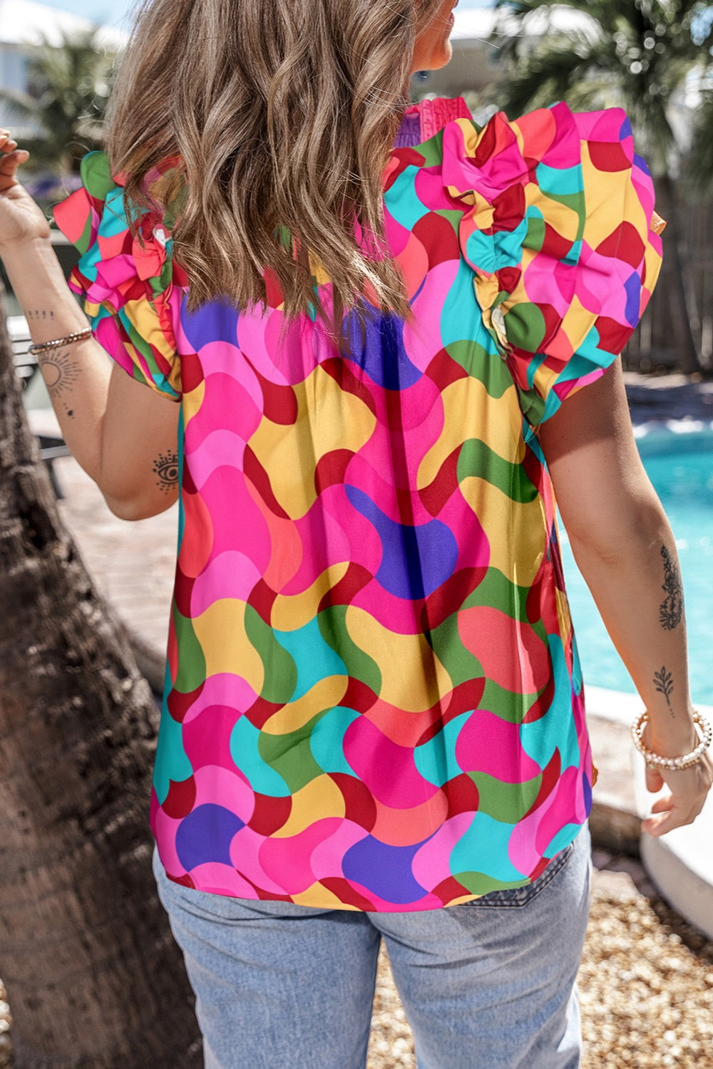 Ruffled Wavy Color Printed Mock Neck Cap Sleeve Blouse