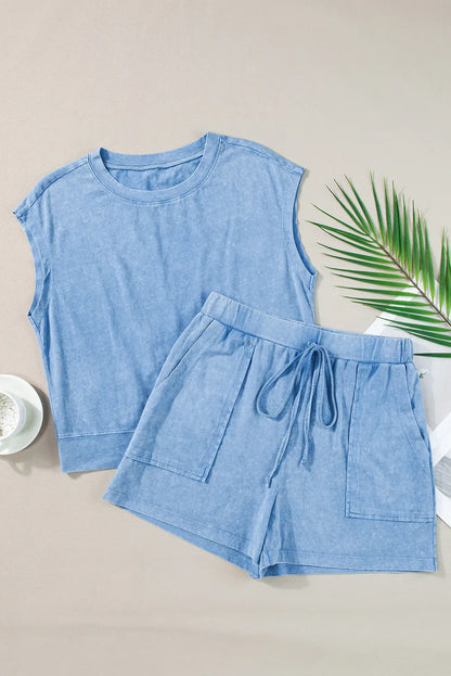 Round Neck Short Sleeve Top and Shorts Set in Light Blue