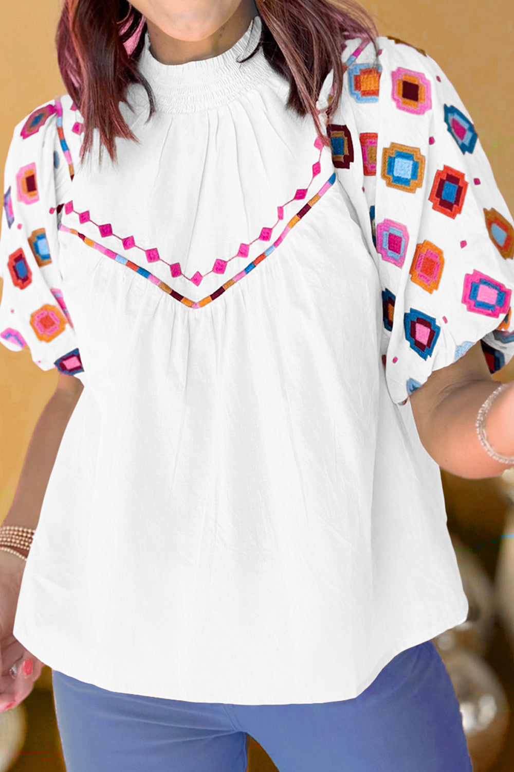 Colored Diamond Printed Mock Neck Puff Sleeve Blouse