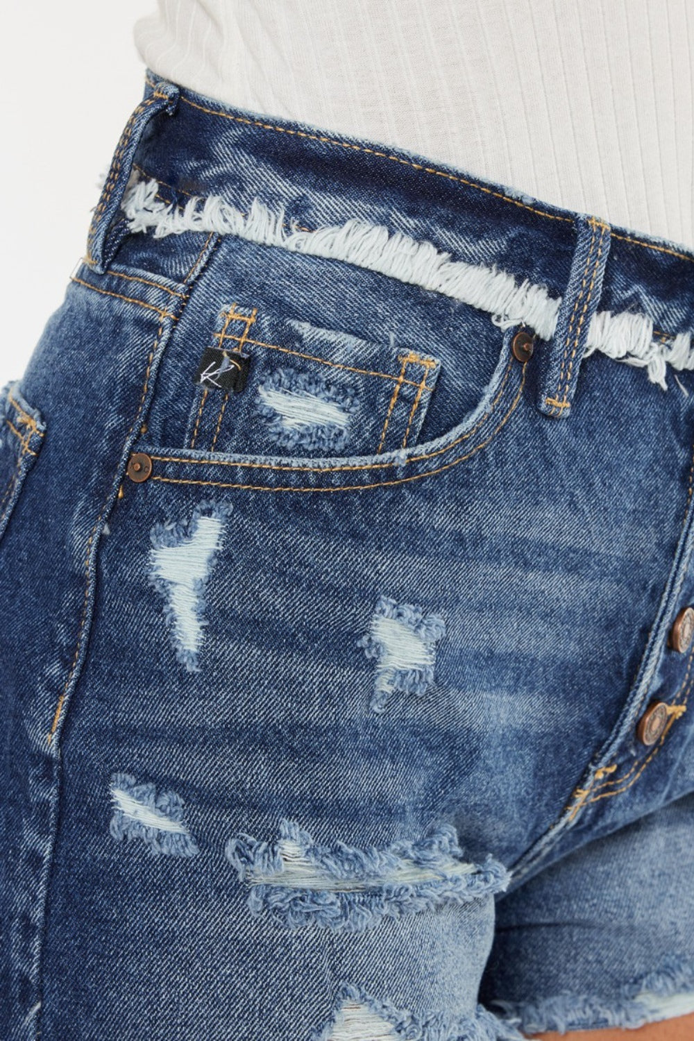 Dark Blue Distressed Button Fly Denim Shorts