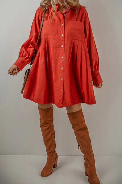 Pocketed Cotton Linen Blend Button Down Long Sleeve Shirt Dress