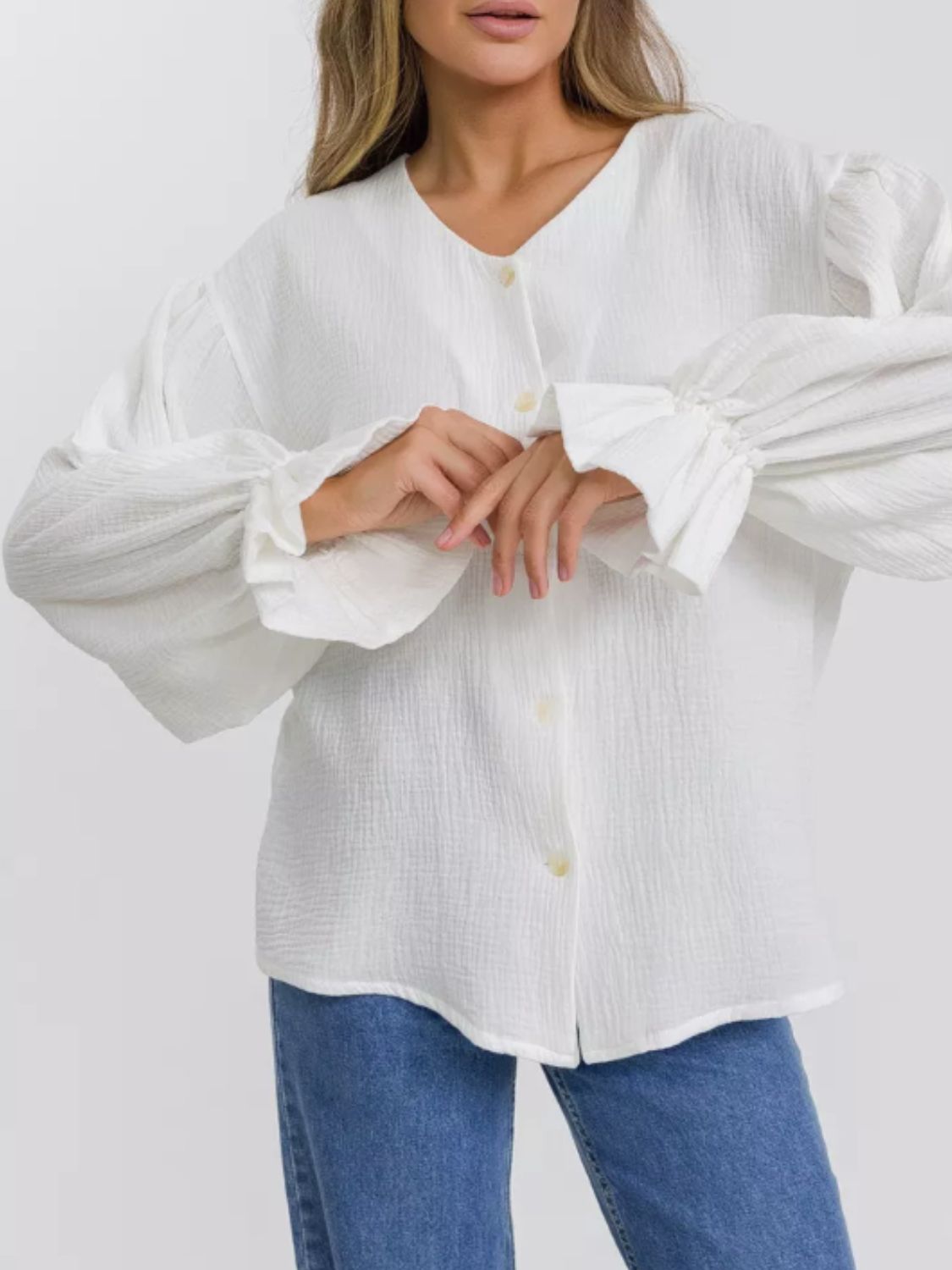 Cotton Button Up Flounce Sleeve Shirt